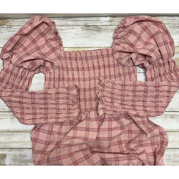 Sister Jane Womens Plaid Midi Dress Long Sleeve Smocked Pink Cottage core NWT - Picture 1 of 11